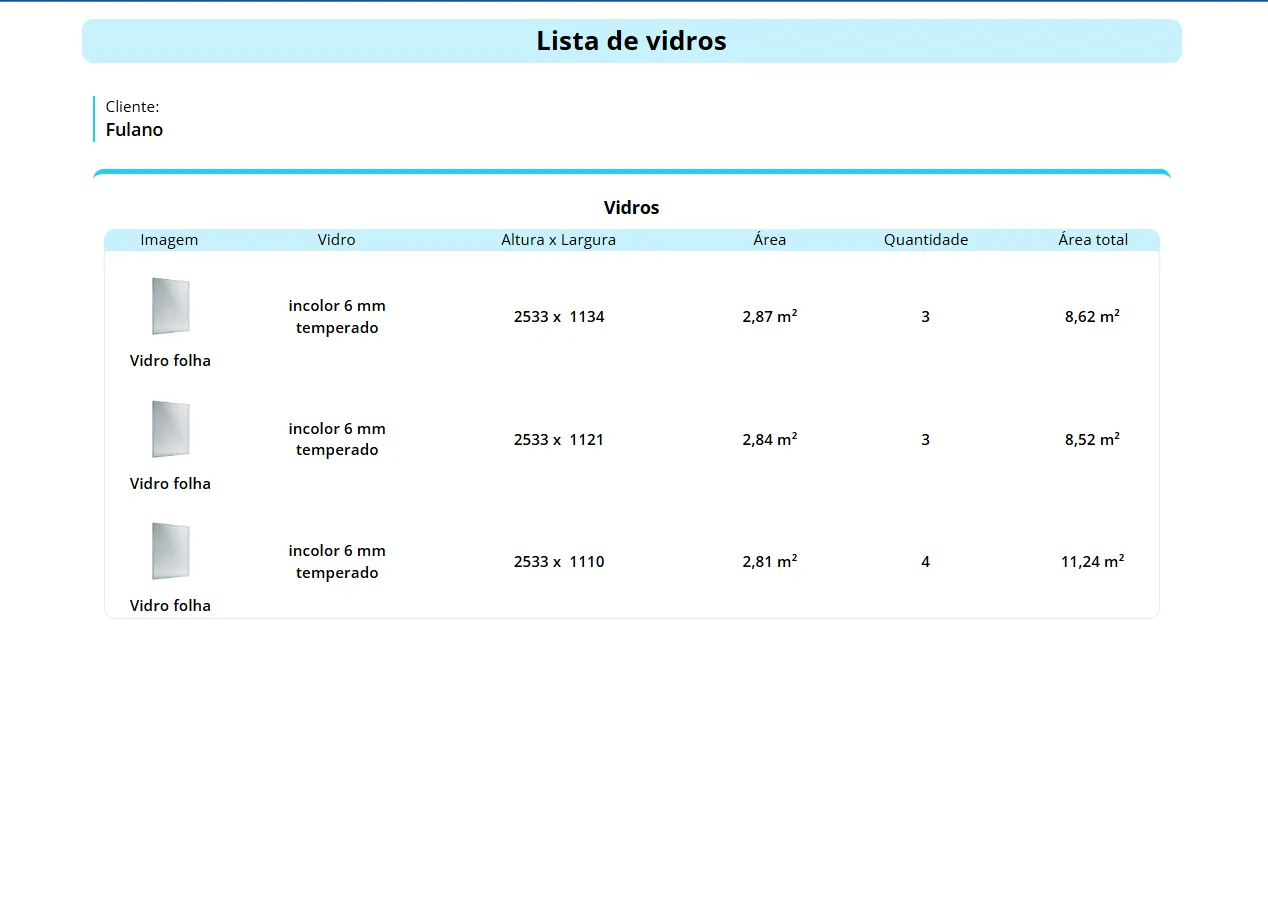 Tela de lista de materiais